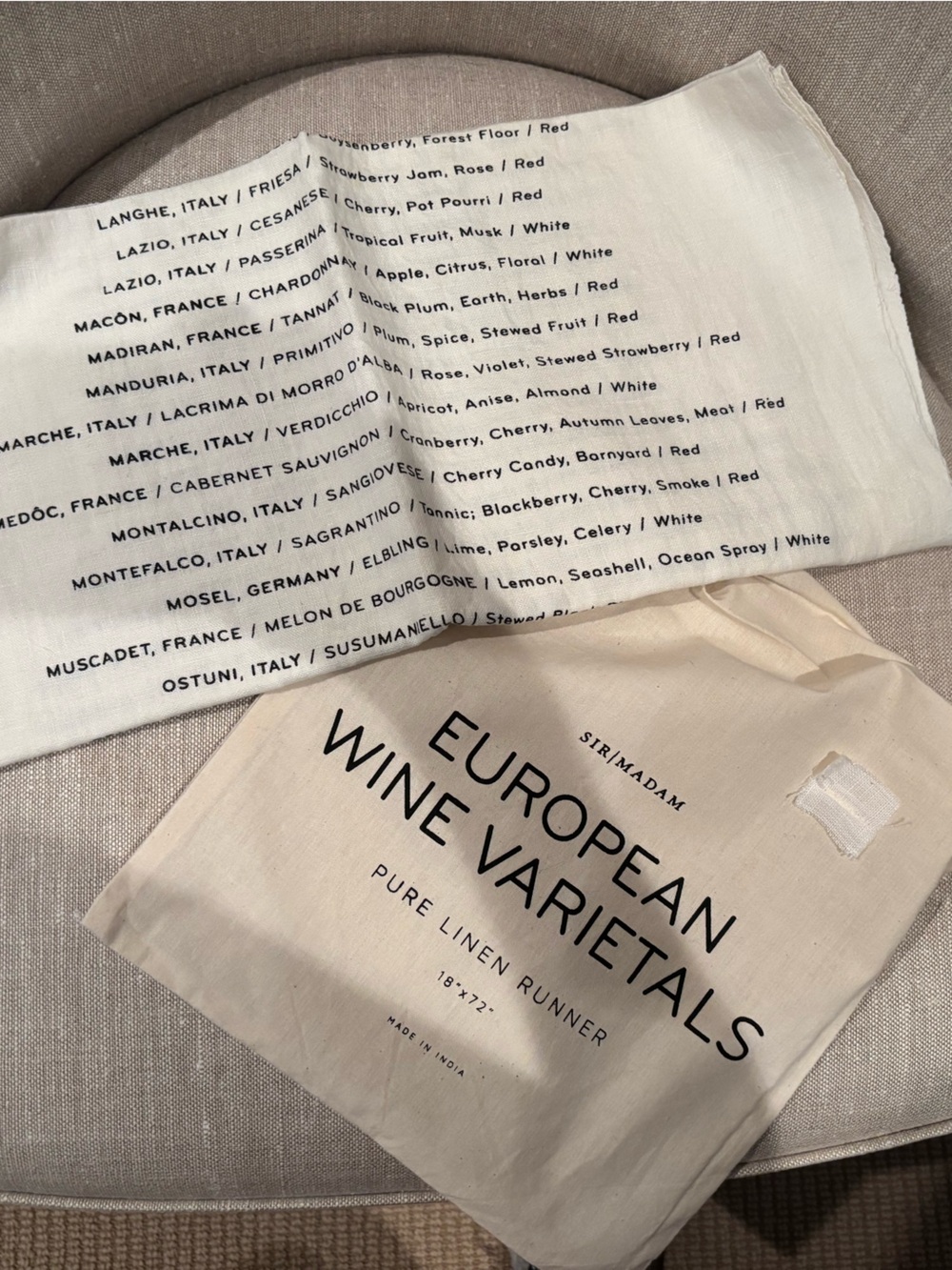 European Wine Varietals Pure Linen white table runner